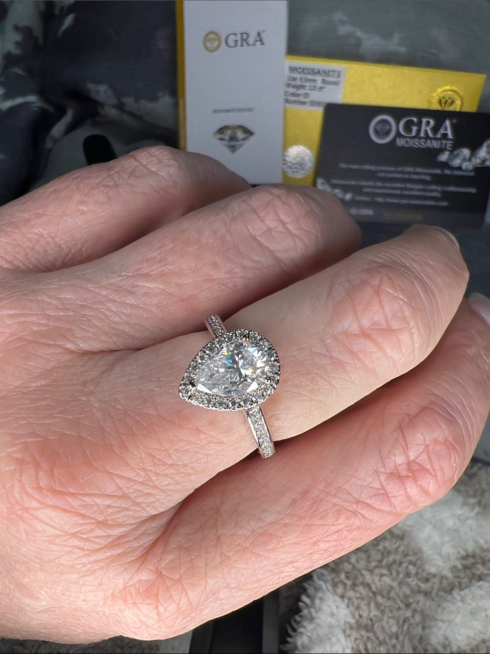 Pear Moissanite Halo Engagement Ring in Sterling Silver 925 Center Stone